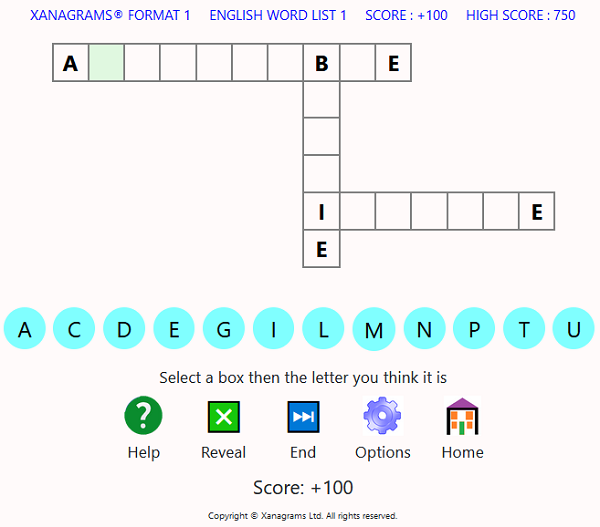 Screen shot of Xanagrams game format 1