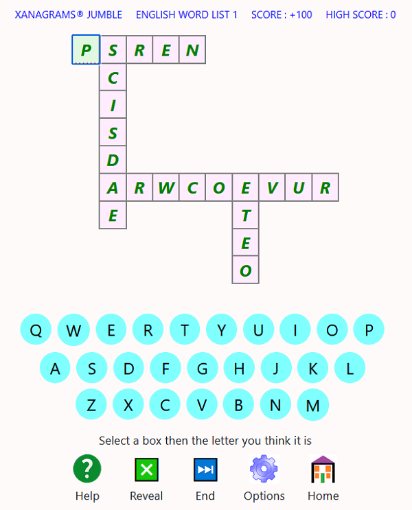 Screen shot of Xanagrams game format 5