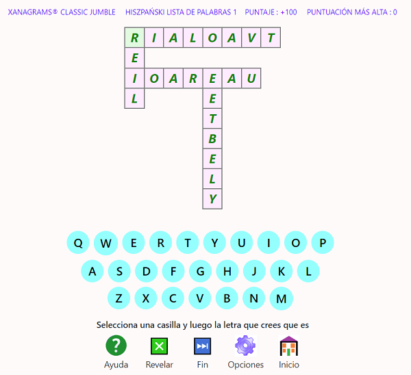 Captura de pantalla del formato del juego Xanagrams 5
