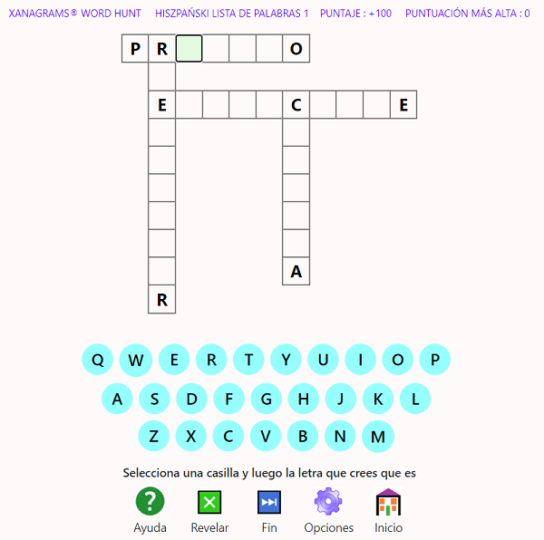 Captura de pantalla del formato del juego Xanagrams 6