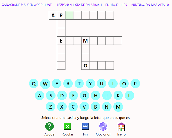 Captura de pantalla del formato del juego Xanagrams 7