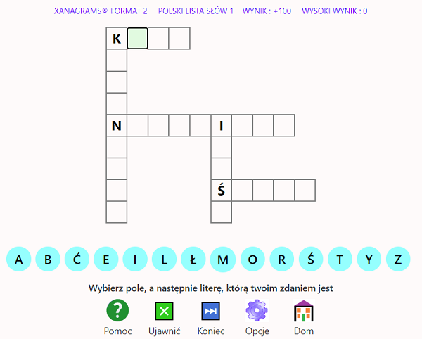Zrzut ekranu przedstawiający grę w formacie Xanagrams 2