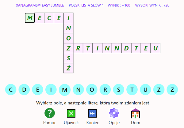 Zrzut ekranu przedstawiający grę w formacie Xanagrams 4